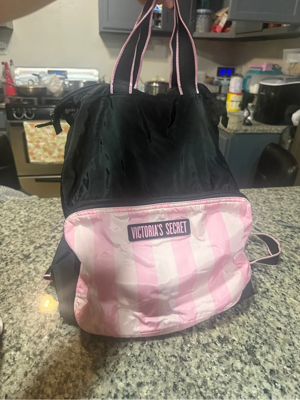 Victoria's Secret Black Backpack with Pink Striped Front Pocket